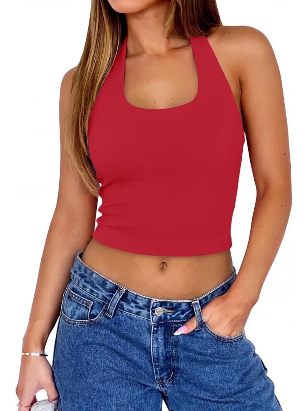 Women's Red Halter Top Double Lined Backless Y2K Cropped Going Out Top Tank